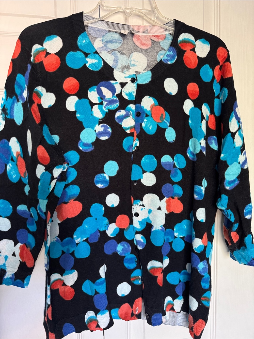 Madison Black Cardigan with Blue, Red & White Dot Print